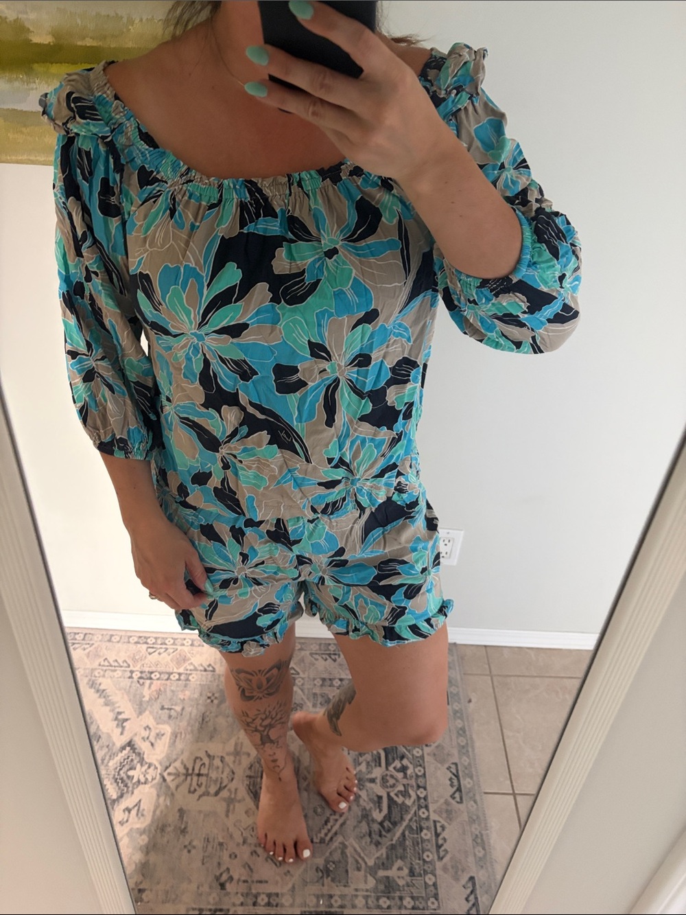 Tommy Floral Blue and Tan Women's two piece set with scallop trim and 3/4 sleeve